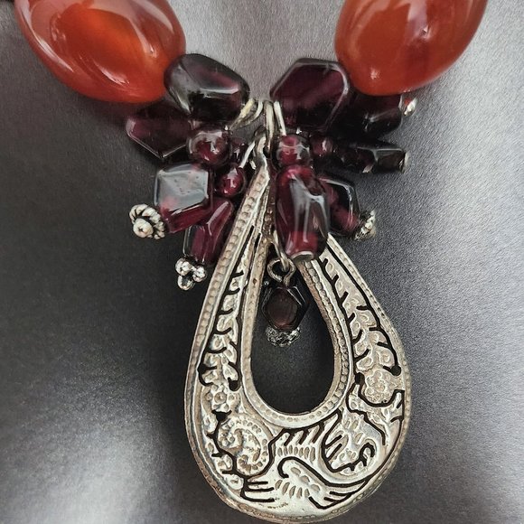 Necklace with Vintage Garnets, Carnelian, Taxco Sterling Pendant - Picture 2 of 5